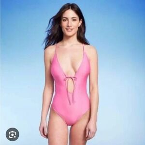 Shade and Shore Pink One Piece Swimsuit Tie Front Open Cutout ‎ S(4/6)